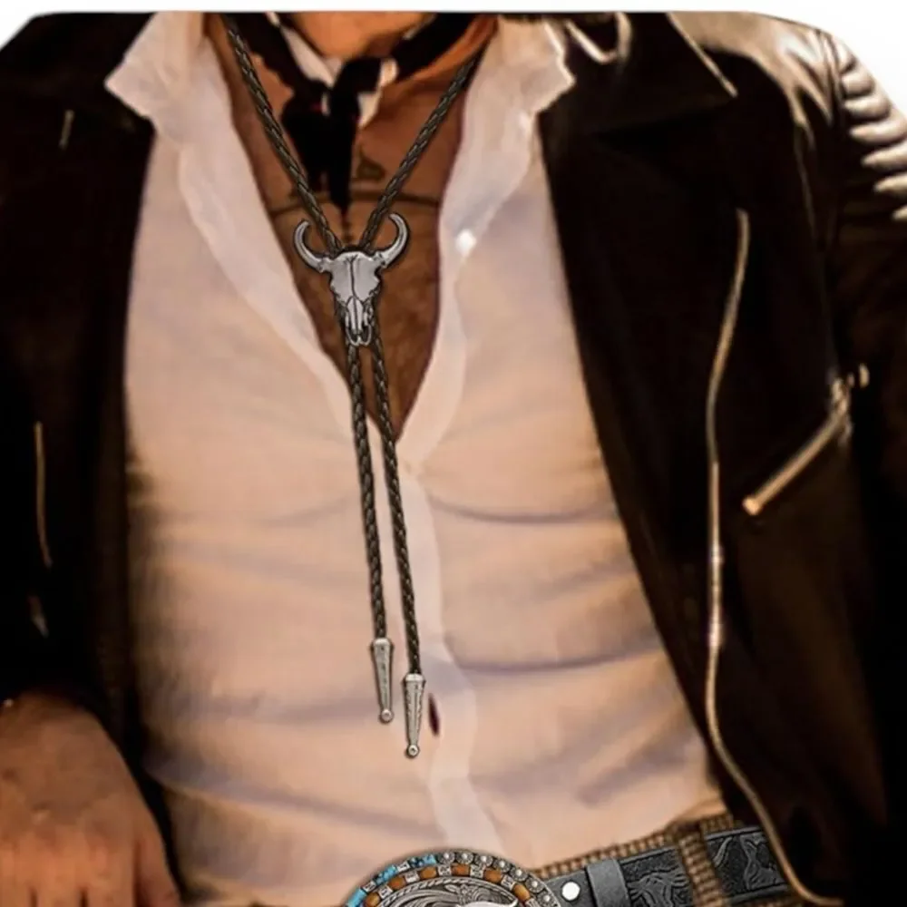 Vintage Brass Bull Skull Bolo Tie Cowboy Necktie - NEW